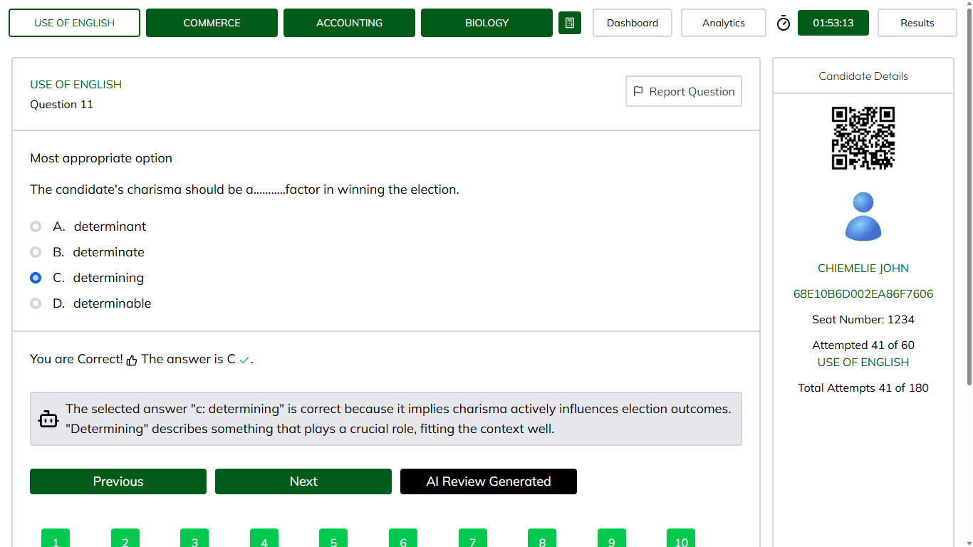 Jambite App Practice Interface showing exam questions